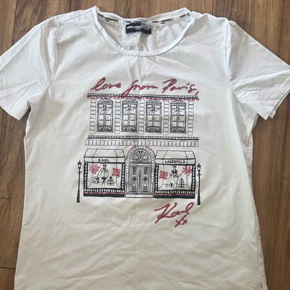 Karl Lagerfeld White Graphic 'Paris Boutique' Tee with Pink & Black Print